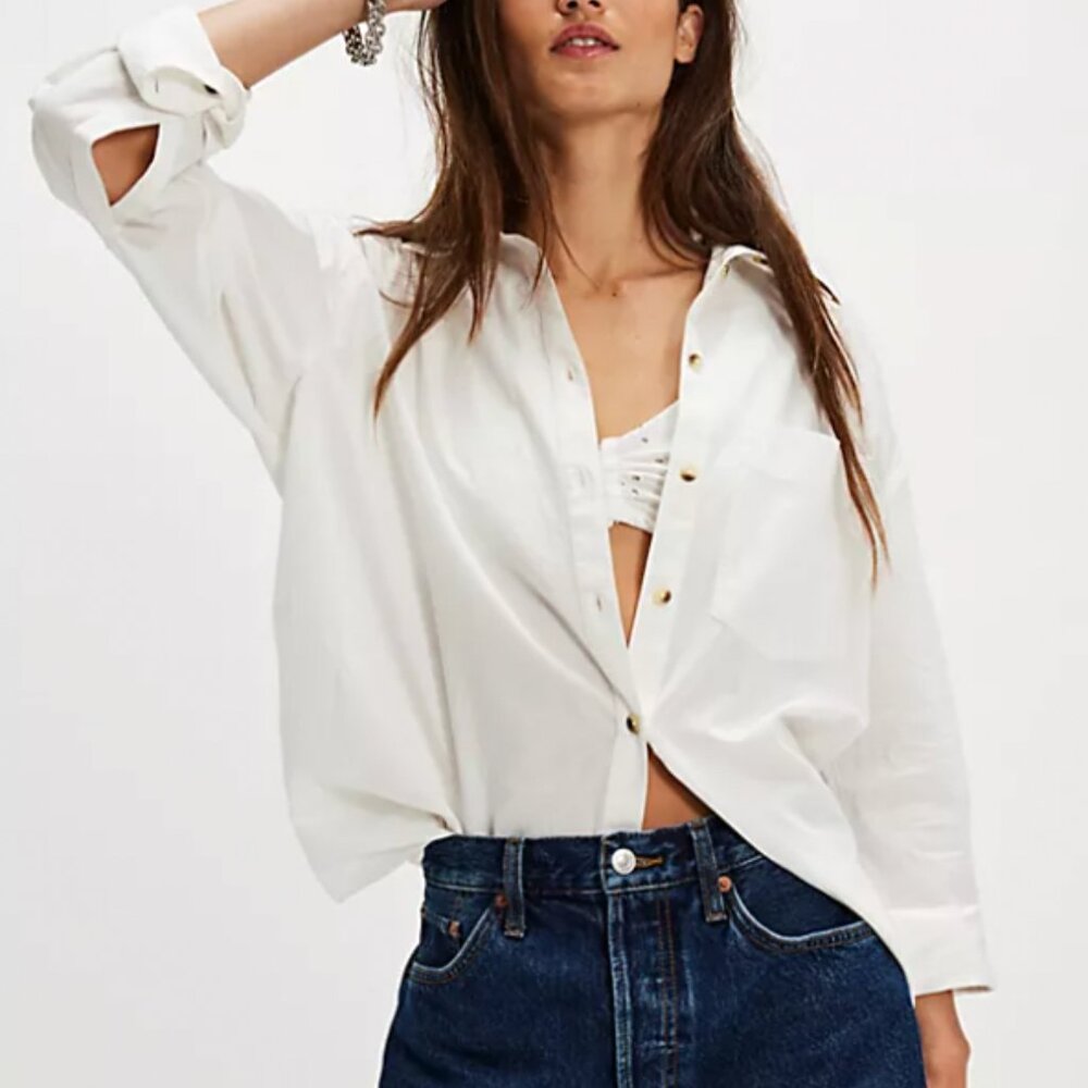 Free People We The Free Happy Hour Solid Poplin Top Shirt In White